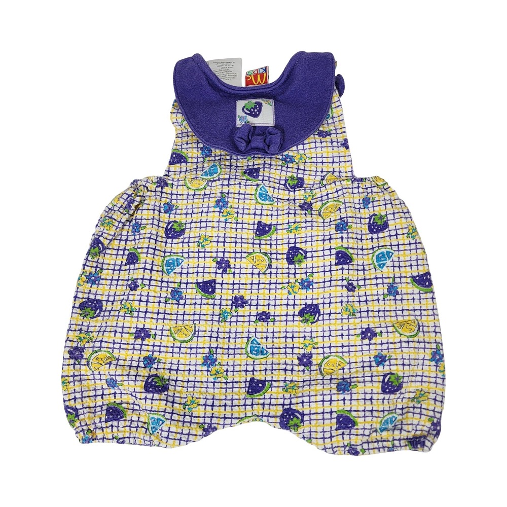 Vintage Mc Kids Baby Girl Fruit Grid Print Romper 100% Cotton 12 Months 90s